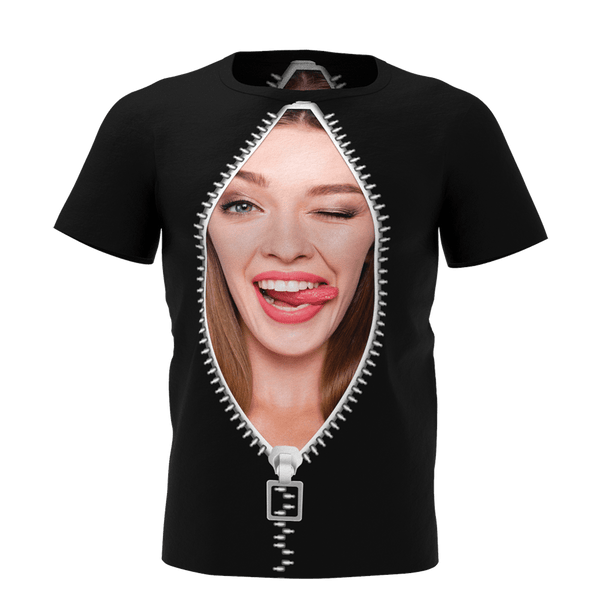 Custom Girlfriend Face Tee Black Zipper Men's All Over Print T-shirt Your Face  on A Shirts for Him